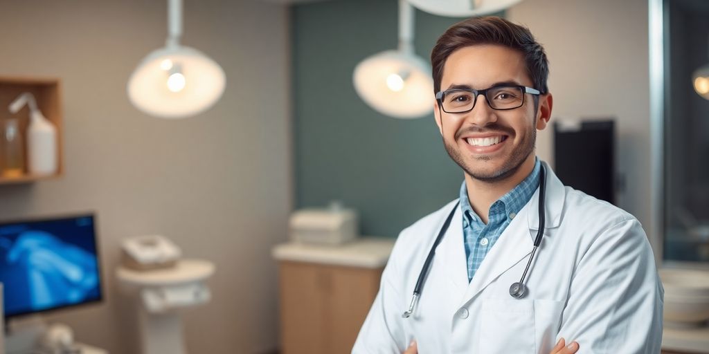 Zahnarzt lächelt in heller Praxis