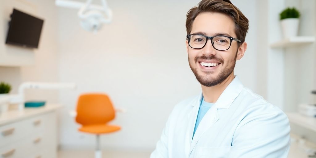 Zahnarzt lächelt in heller moderner Praxis