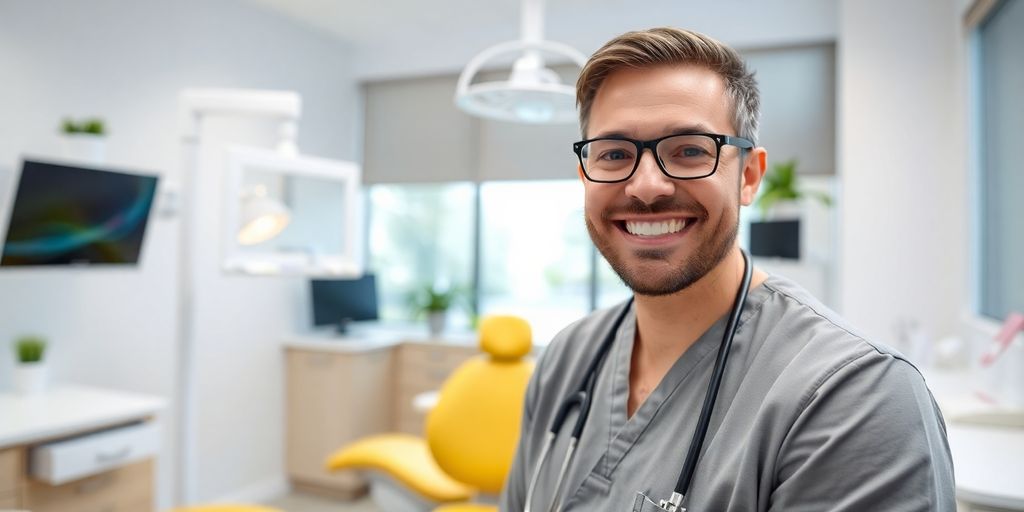 Zahnarzt lächelt in moderner Praxis.