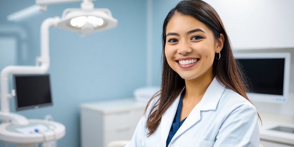 Lächelnder Zahnarzt in heller Praxis