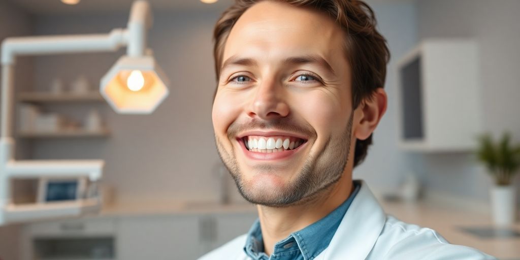 Zahnarzt lächelt in heller Praxis