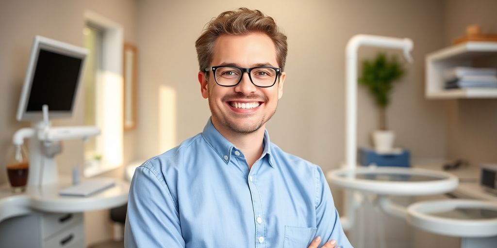 Zahnarzt lächelt in heller Praxis