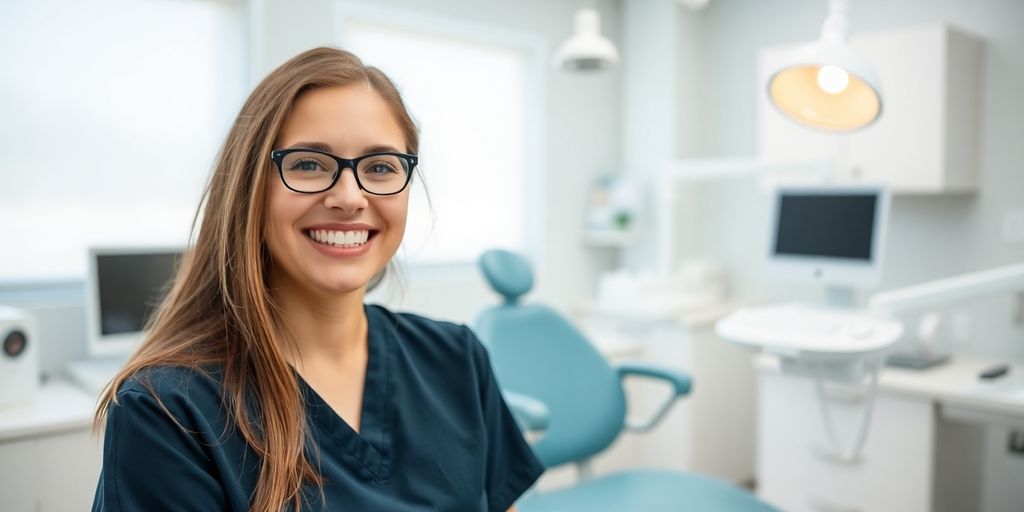 Lächelnder Zahnarzt in heller Praxis
