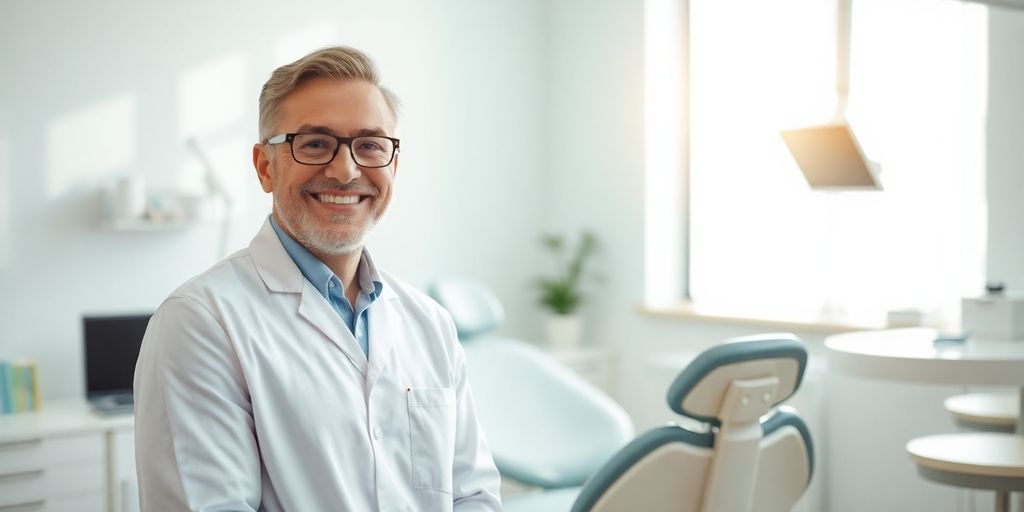 Zahnarzthelferin lächelt in heller Praxis