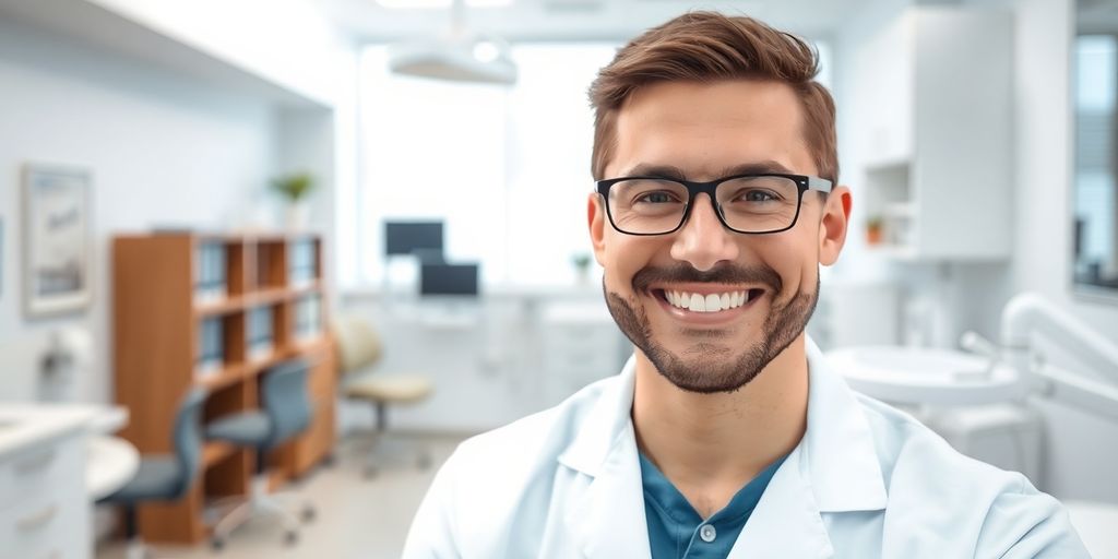 Zahnarzt lächelt in einer modernen Praxis.