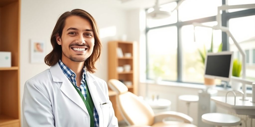 Lächelnde Zahnärztin in moderner Praxis