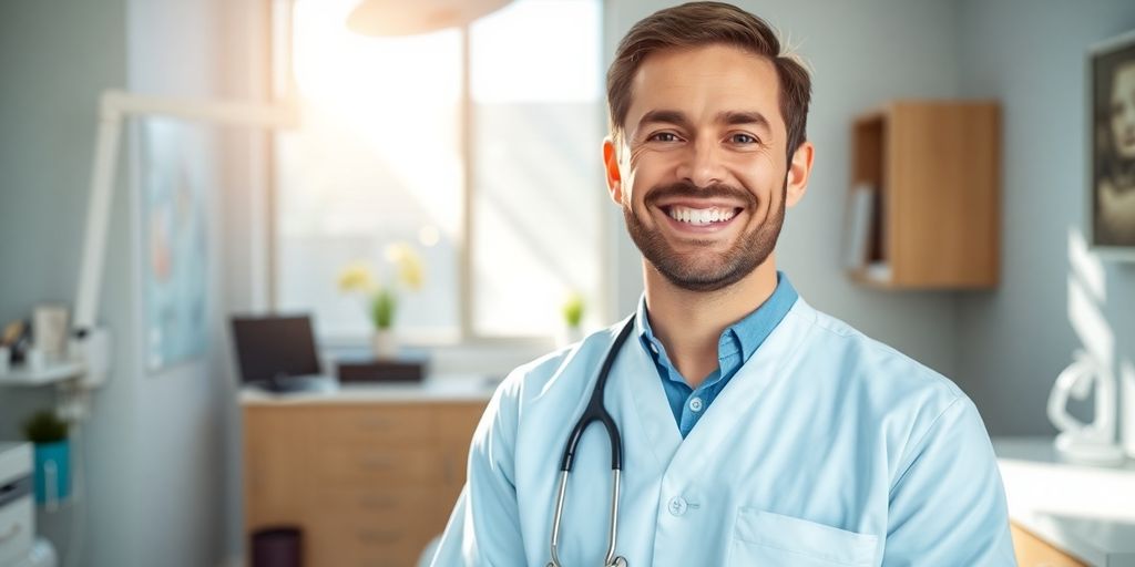 Lächelnder Zahnarzt in heller Praxis