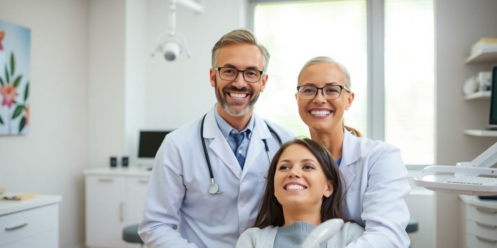 Lächelnder Zahnarzt in heller, moderner Praxis.