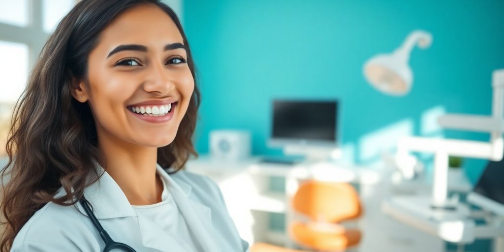Lachender Zahnarzt in heller Praxis