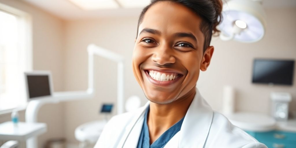 Zahnärztin lächelt in heller Praxis