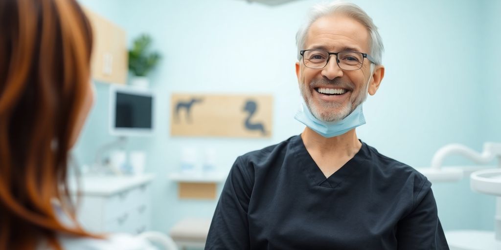 Zahnarzt lächelt in heller Praxis