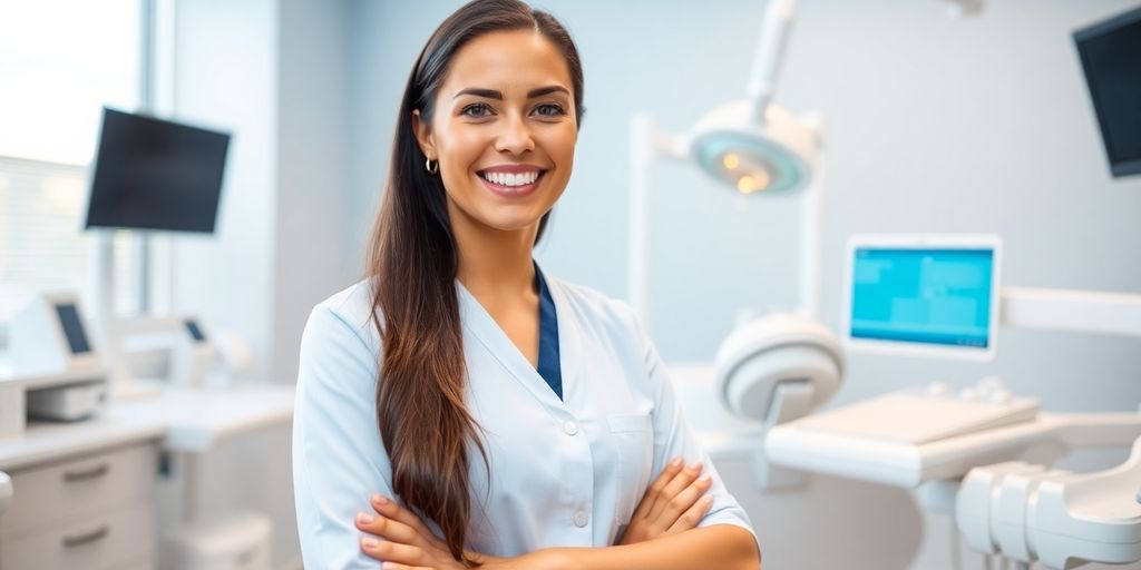 Lächelnder Zahnarzt in heller Praxis