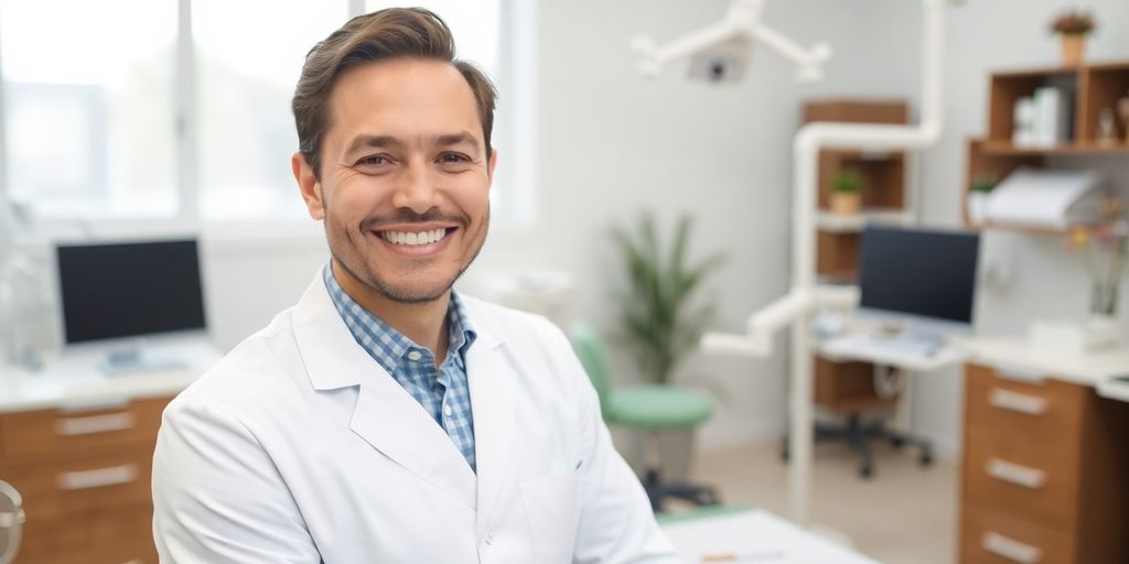 Zahnarzt lächelt in heller Praxis