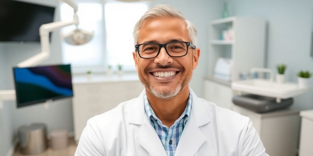 Zahnarzt lächelt in heller Praxis