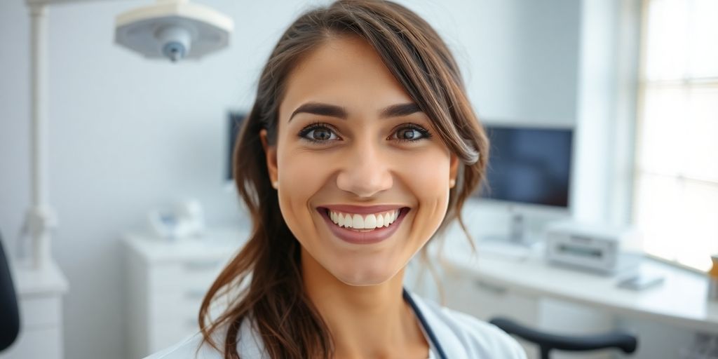 Zahnarzt lächelt in heller Praxis