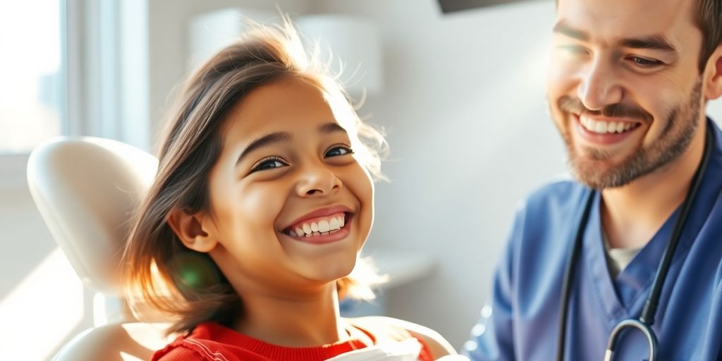 Zahnarzt lächelt in heller Praxis mit Kind.