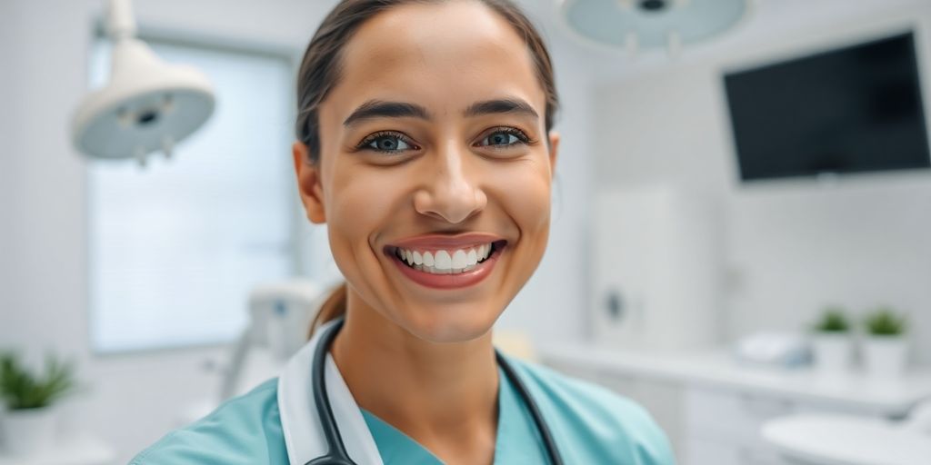 Ein Zahnarzt lächelt in einer modernen Praxis.