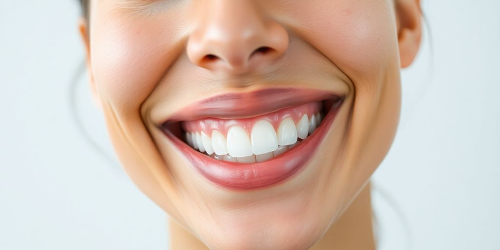 Frau lächelt mit gesunden Zähnen im hellen Licht.