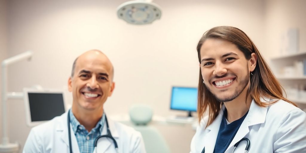 Zahnarzt mit lächelndem Azubi in heller Praxis