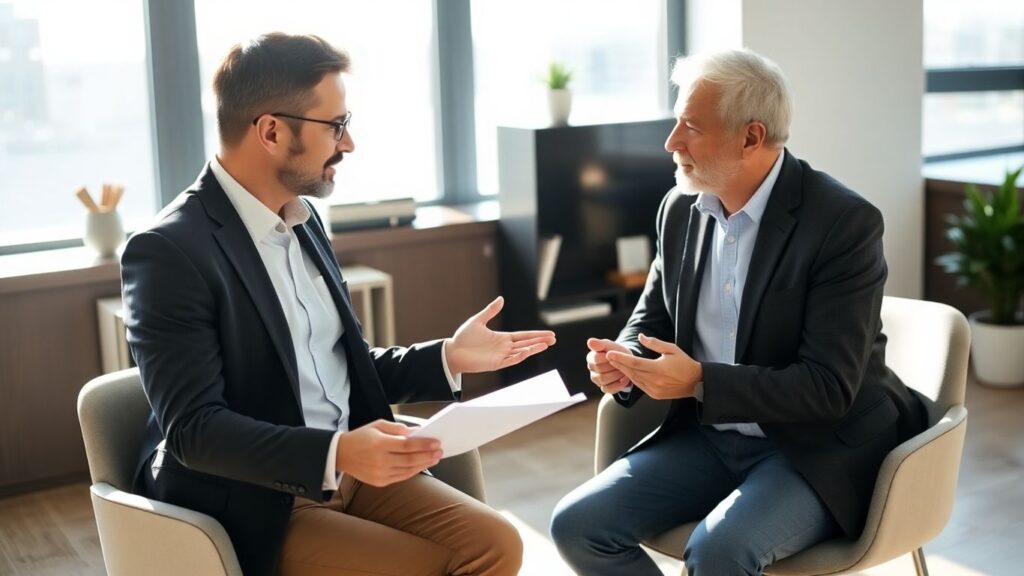 Versicherungsberater und Kunde im Gespräch im Büro