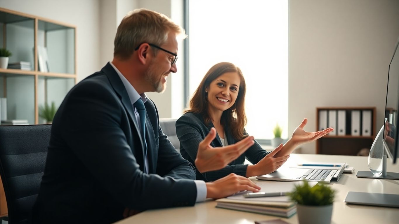 Versicherungsberater und Kunde im Gespräch im Büro.