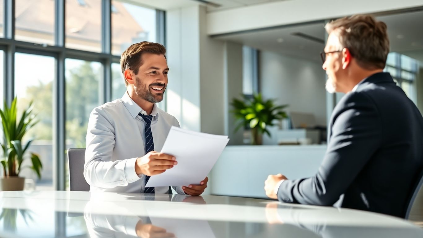 Versicherungsberater und Kunde im Gespräch im Büro.