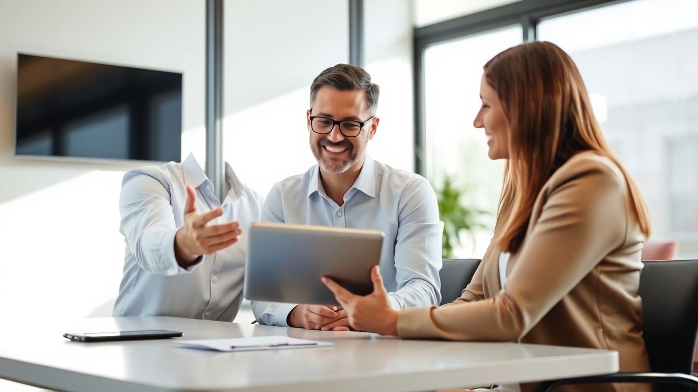 Versicherungsberater und Kunde im Gespräch im Büro.