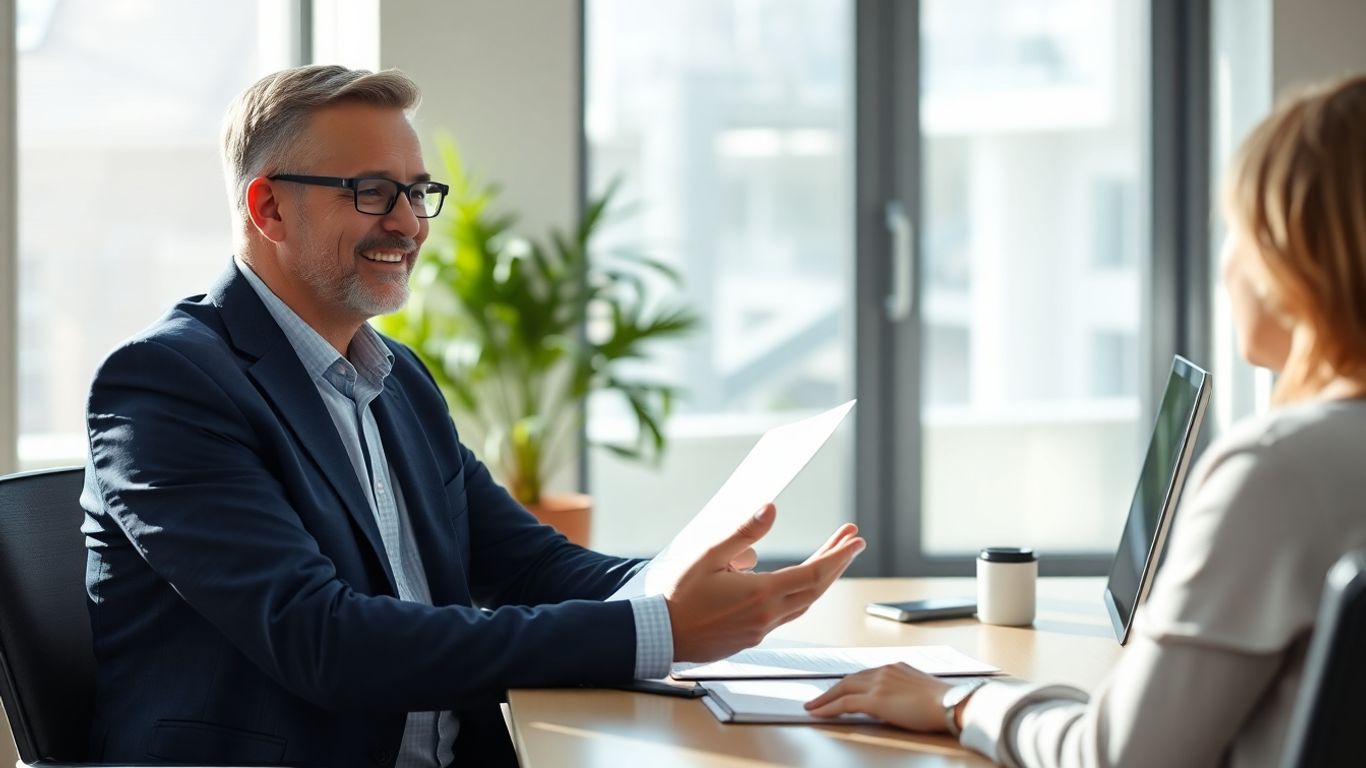 Versicherungsberater und Kunde im Gespräch im Büro