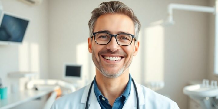 Zahnarzt lächelt in heller moderner Praxis.