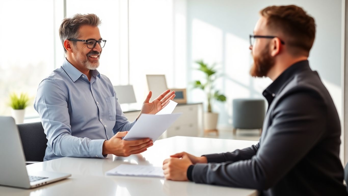 Versicherungsberater und Kunde im Gespräch im Büro