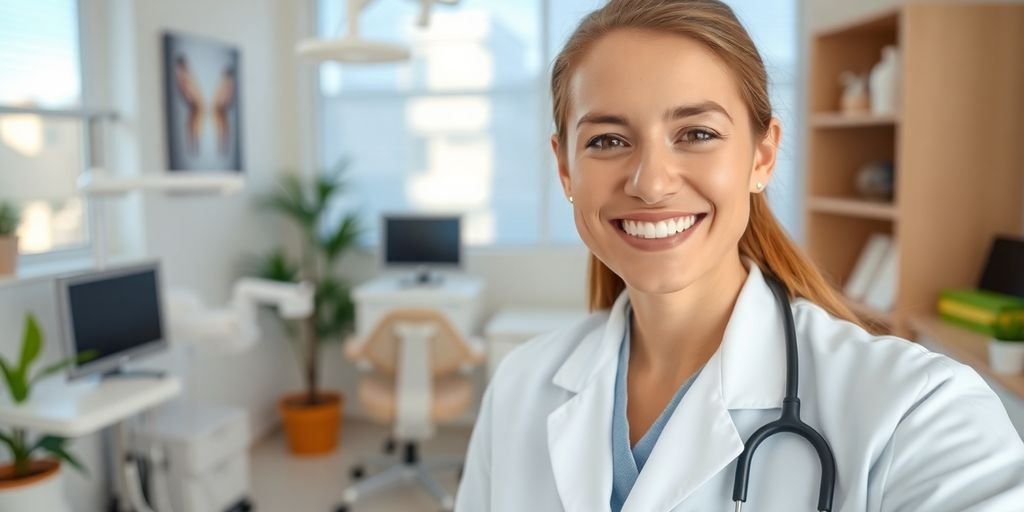 Lachender Zahnarzt in moderner Praxis