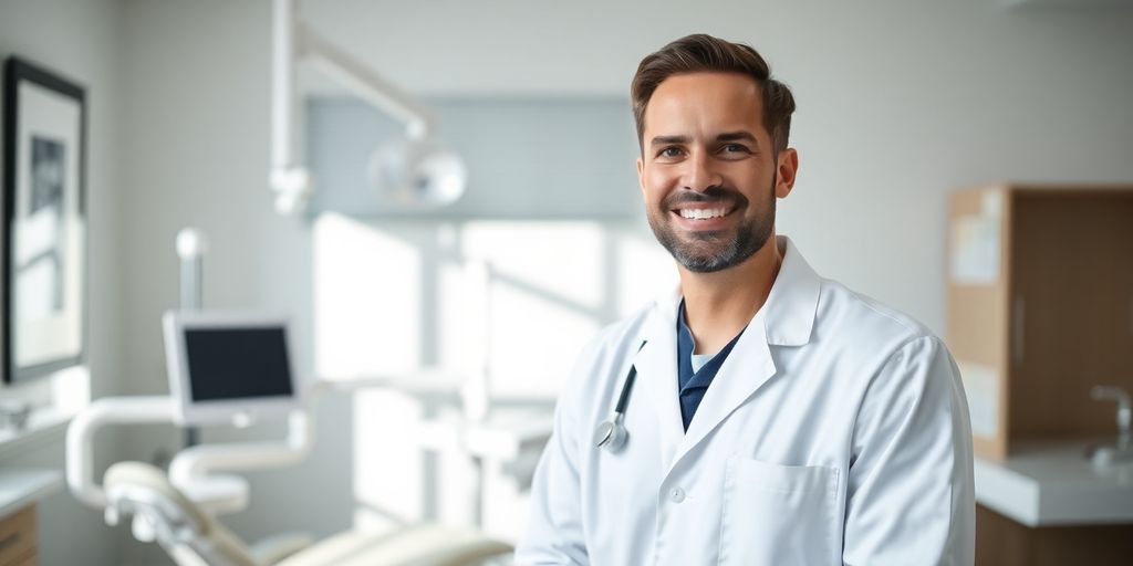 Zahnarzt lächelt in heller Praxis
