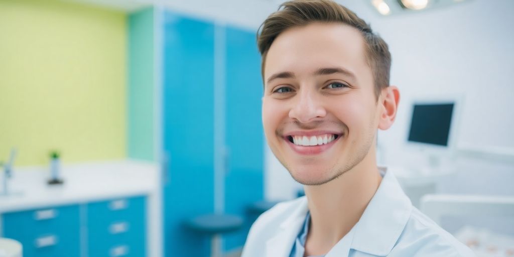 Zahnarzt lächelt in heller Praxis.