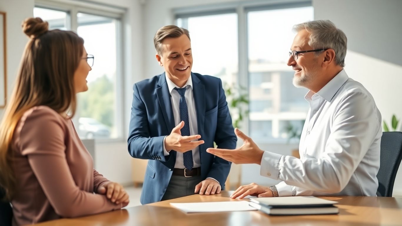 Versicherungsberater und Kunde im Gespräch im Büro.