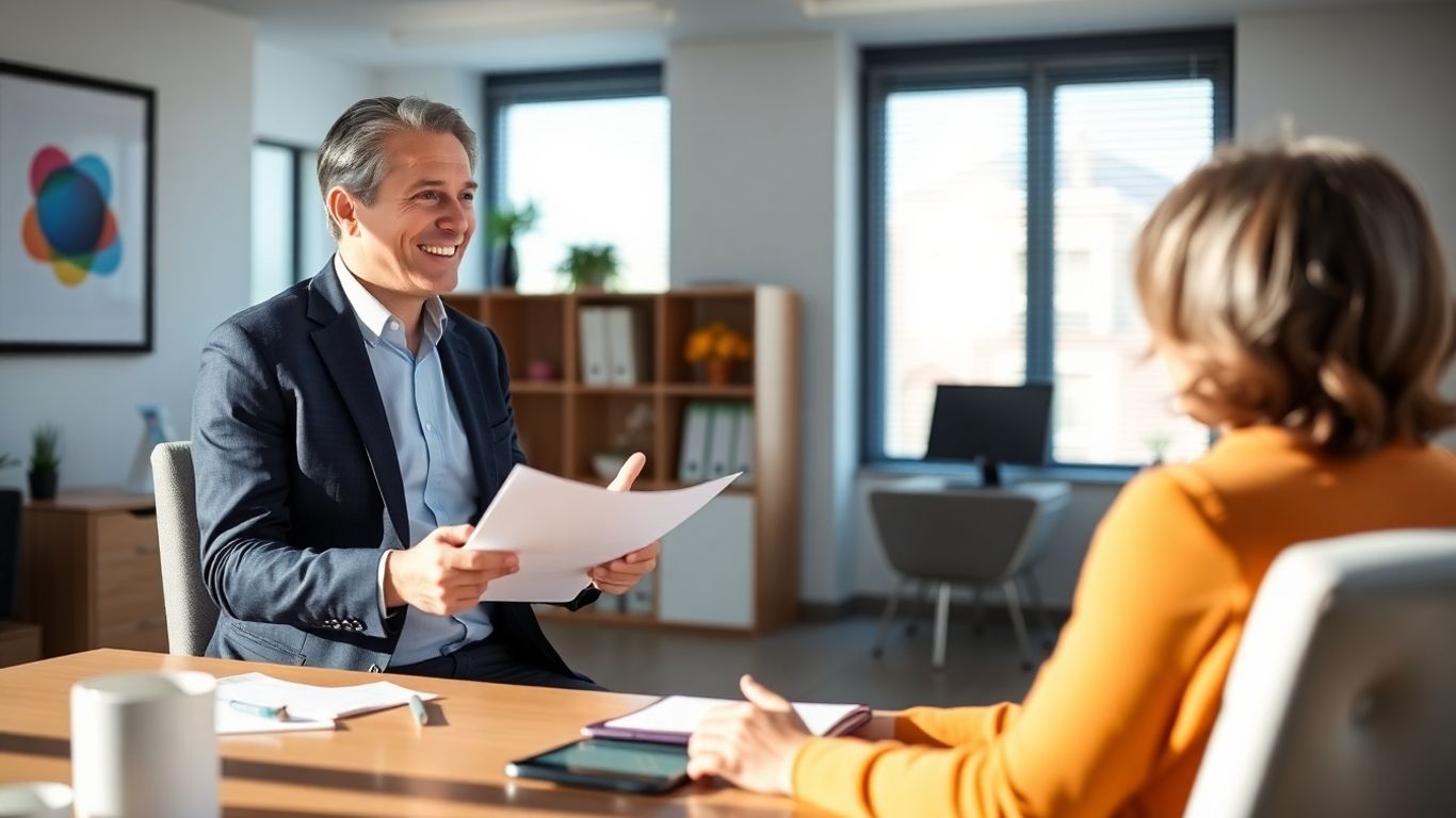 Berufsberater und Kunde im Gespräch im Büro