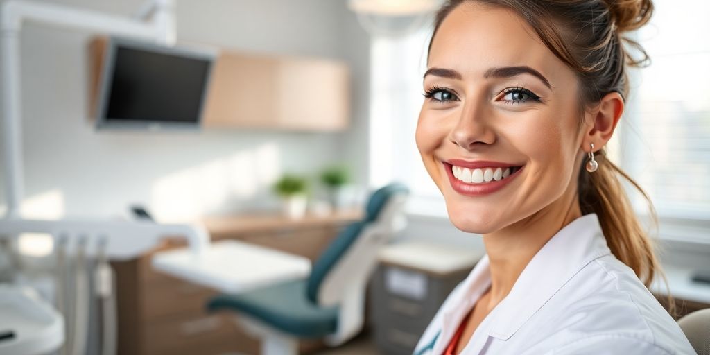 Zahnarzt lächelt lächelnd vor moderner Praxis.