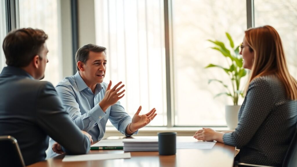 Versicherungsberater und Kunde im Gespräch im Büro.