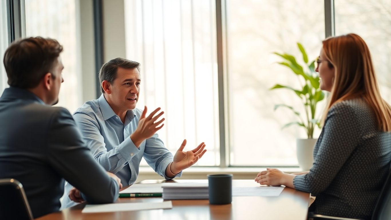 Versicherungsberater und Kunde im Gespräch im Büro.