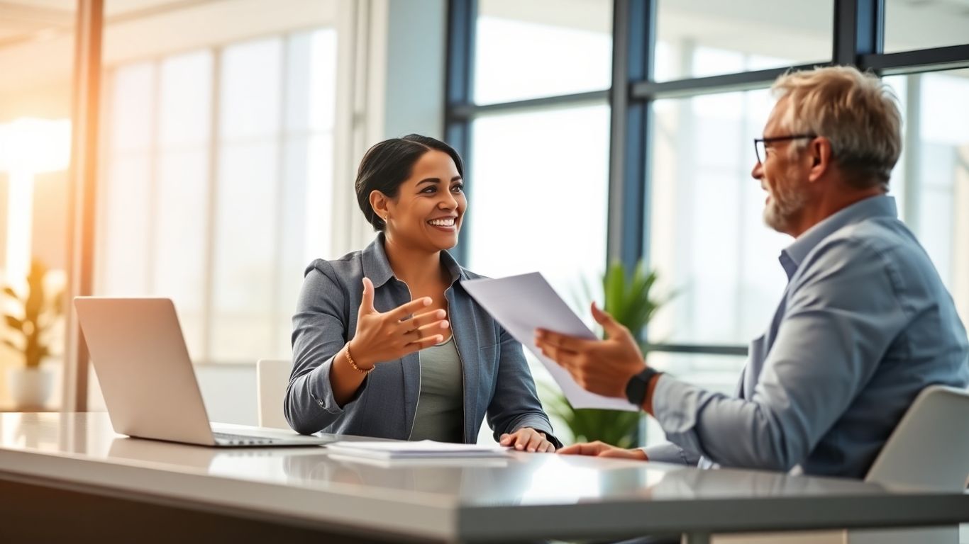 Beratungsgespräch zwischen Versicherungsberater und Kunde im Büro.
