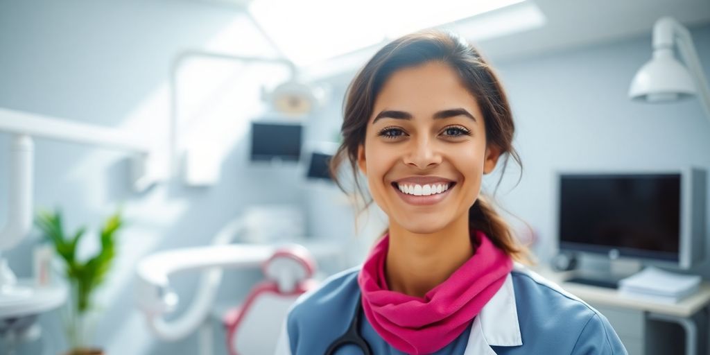 Zahnarzt lächelt in heller Praxis