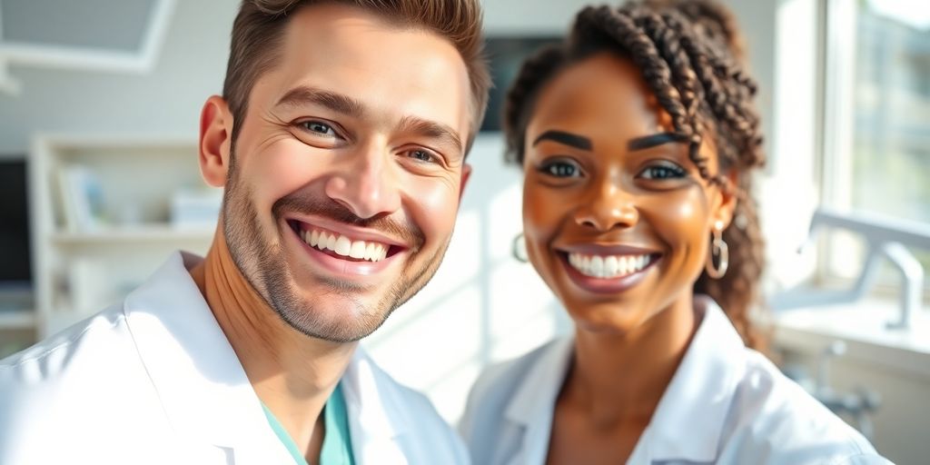 Zahnarzt lächelt in heller Praxis.