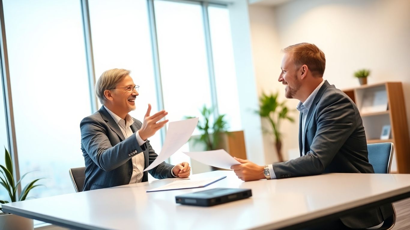 Beratungsgespräch zwischen Versicherungsberater und Kunde im Büro.