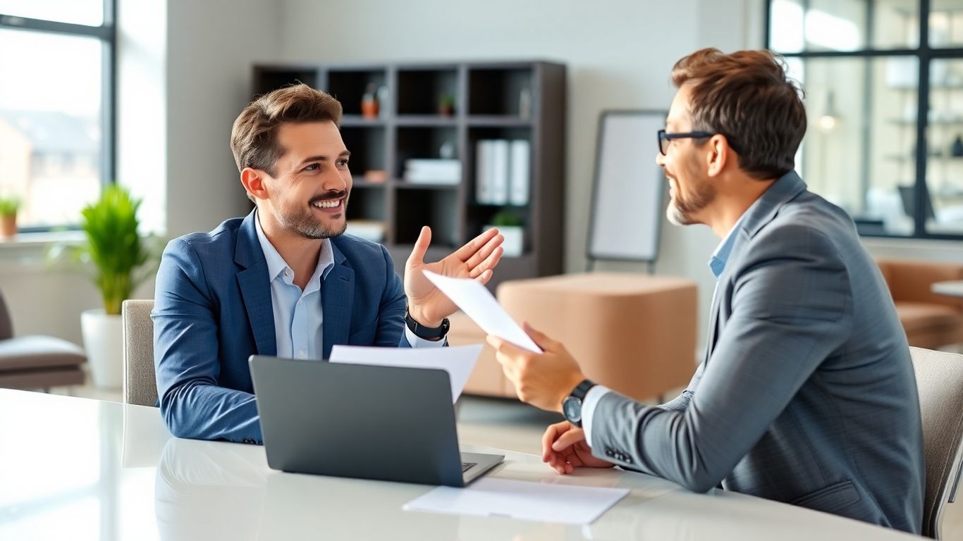 Versicherungsberater und Kunde im Gespräch im Büro