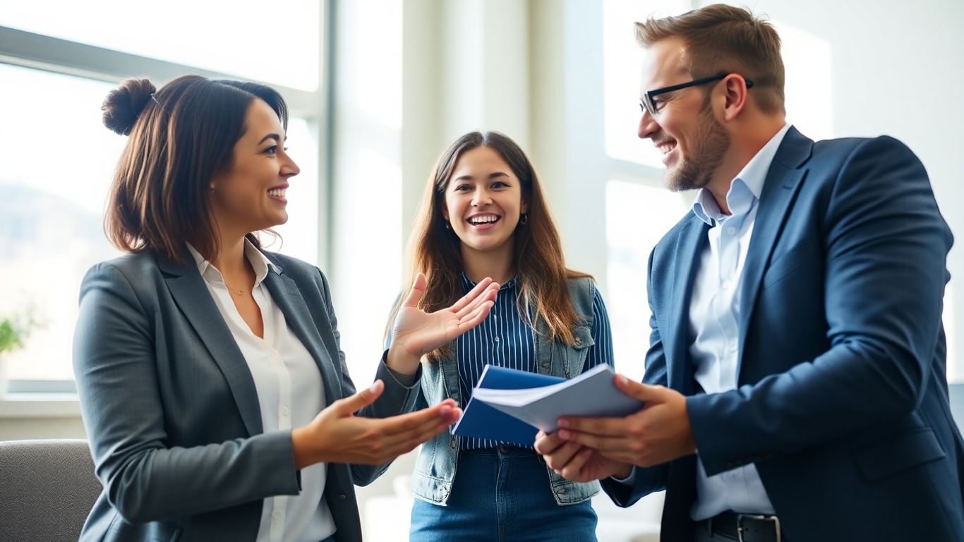Versicherungsberater spricht mit Student in hellem Büro