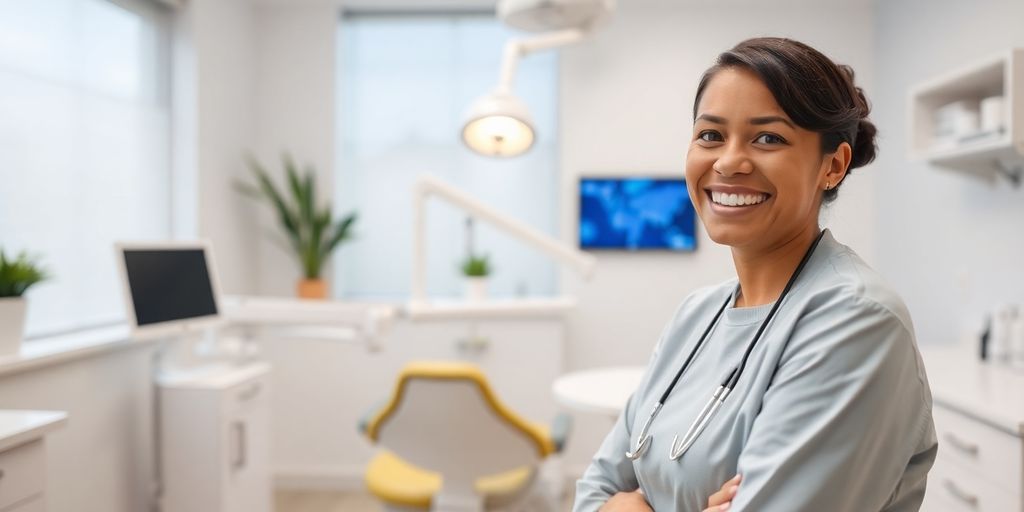 Zahnarzt lächelt in heller Praxis