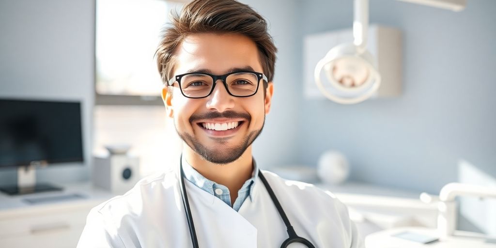 Zahnarzt lächelt in heller Praxis