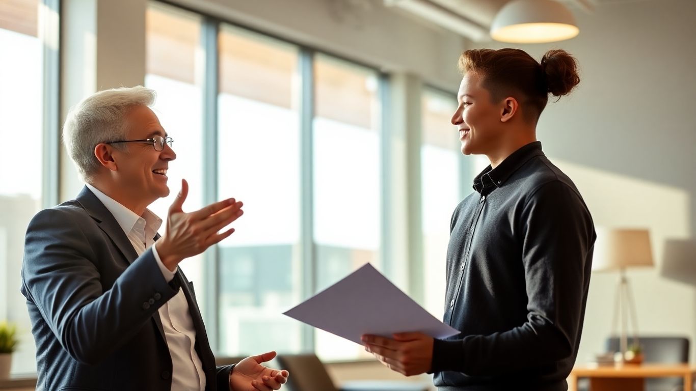 Versicherungsberater spricht mit Student in hellem Büro