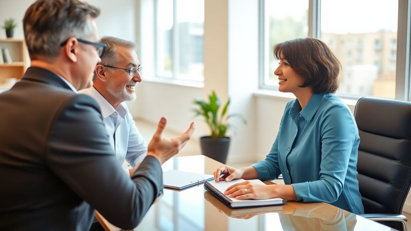 Versicherungsberater spricht mit Kundin im Büro