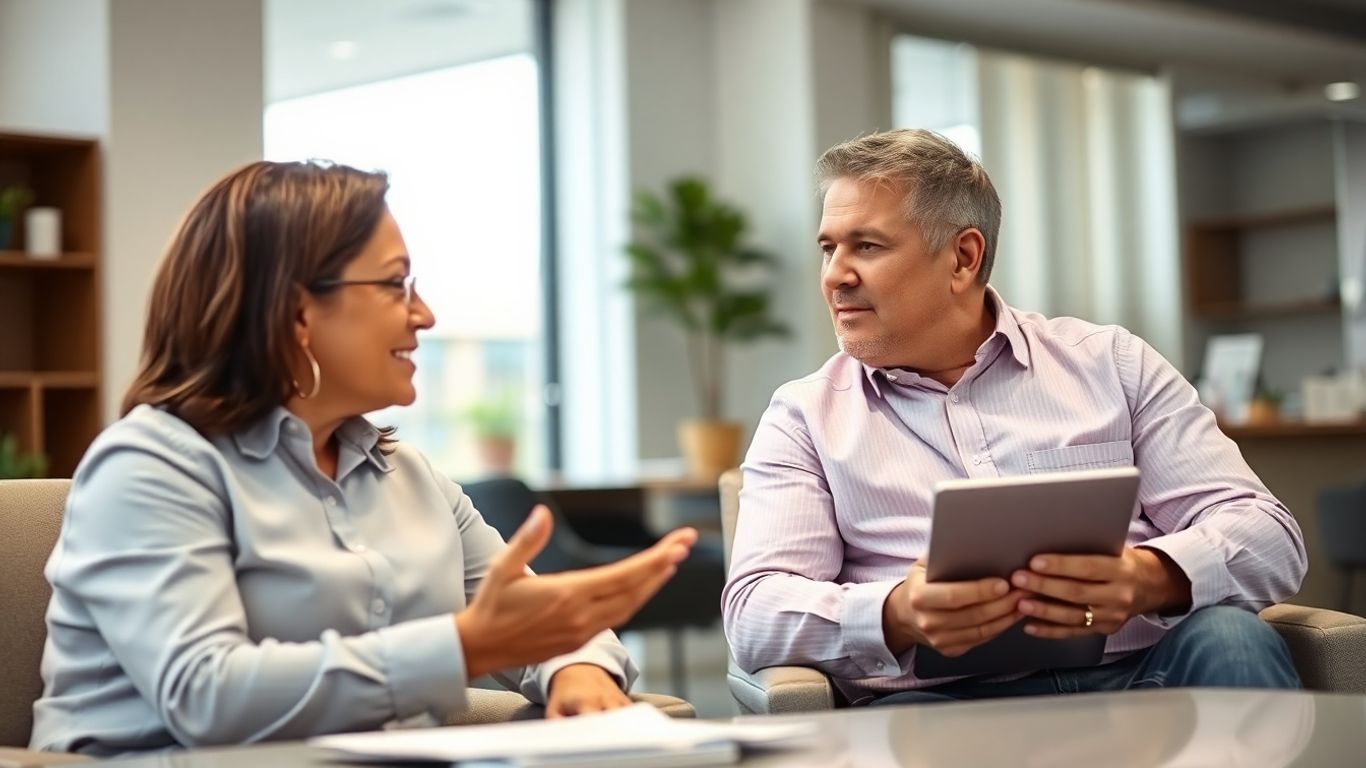 Versicherungsberater und Kunde im Gespräch im Büro