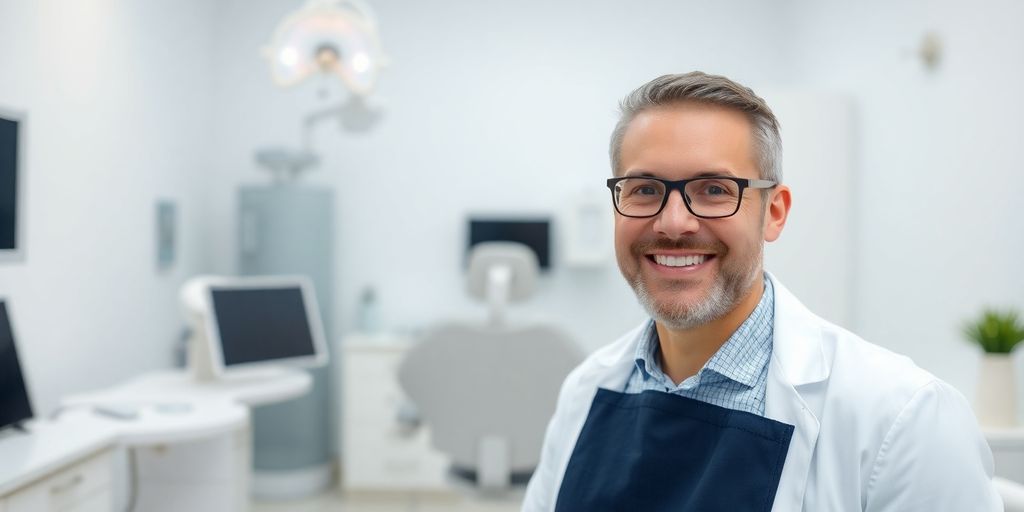 Zahnarzt lächelt in moderner Praxis